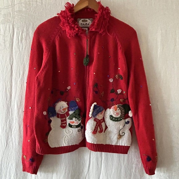 Tiara Sweaters - Vintage Ugly Christmas Holiday Sweater cardigan Large PETITE Full Zip Snowman